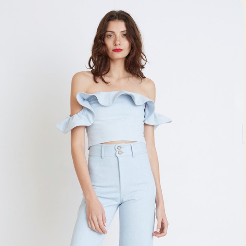 APIECE APART FLORIAN DENIM RUFFLE OFF-SHOULDER SMOCK TOP 2